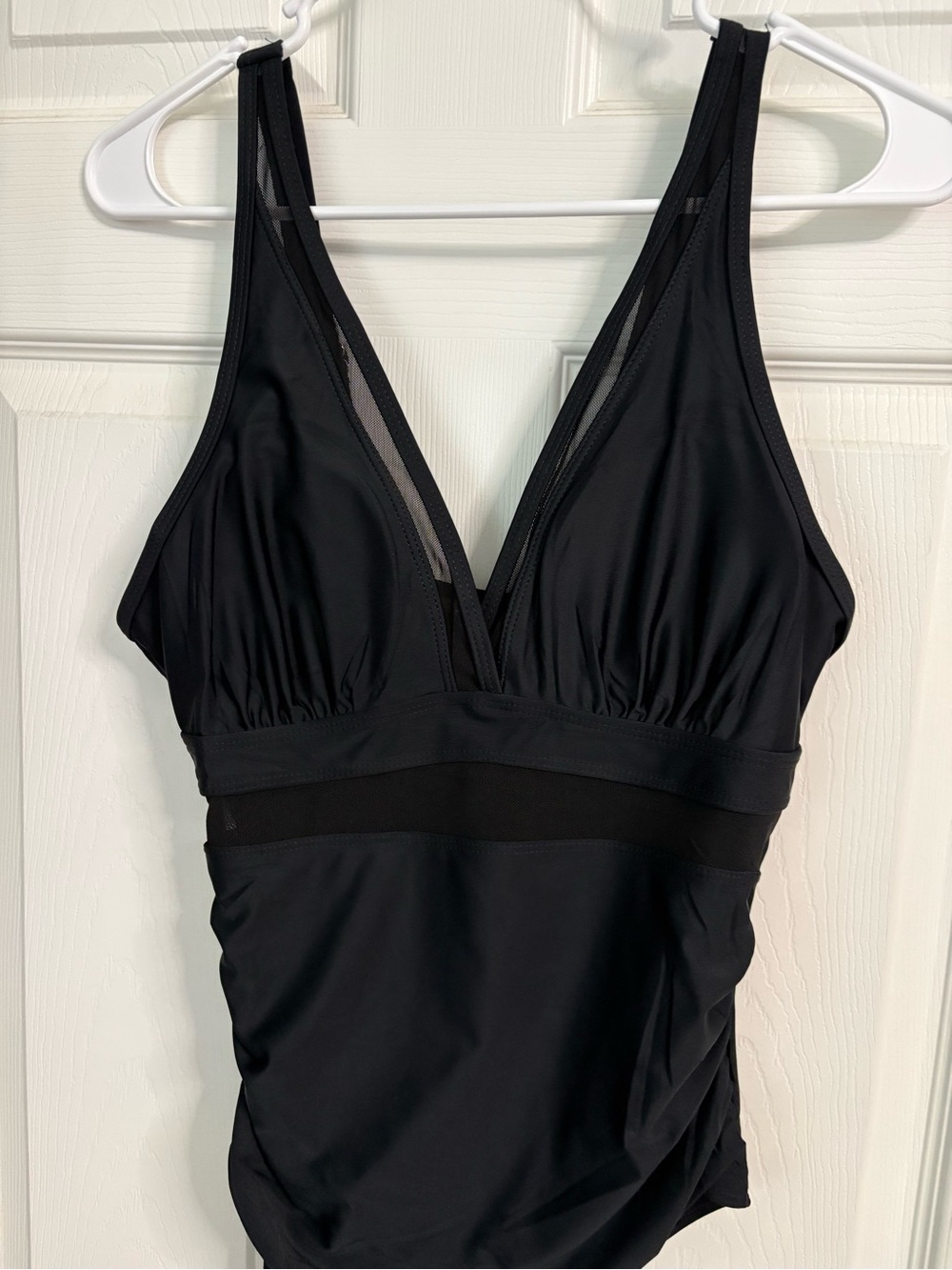 Deep V Black One-Piece Swimsuit with Mesh Insets